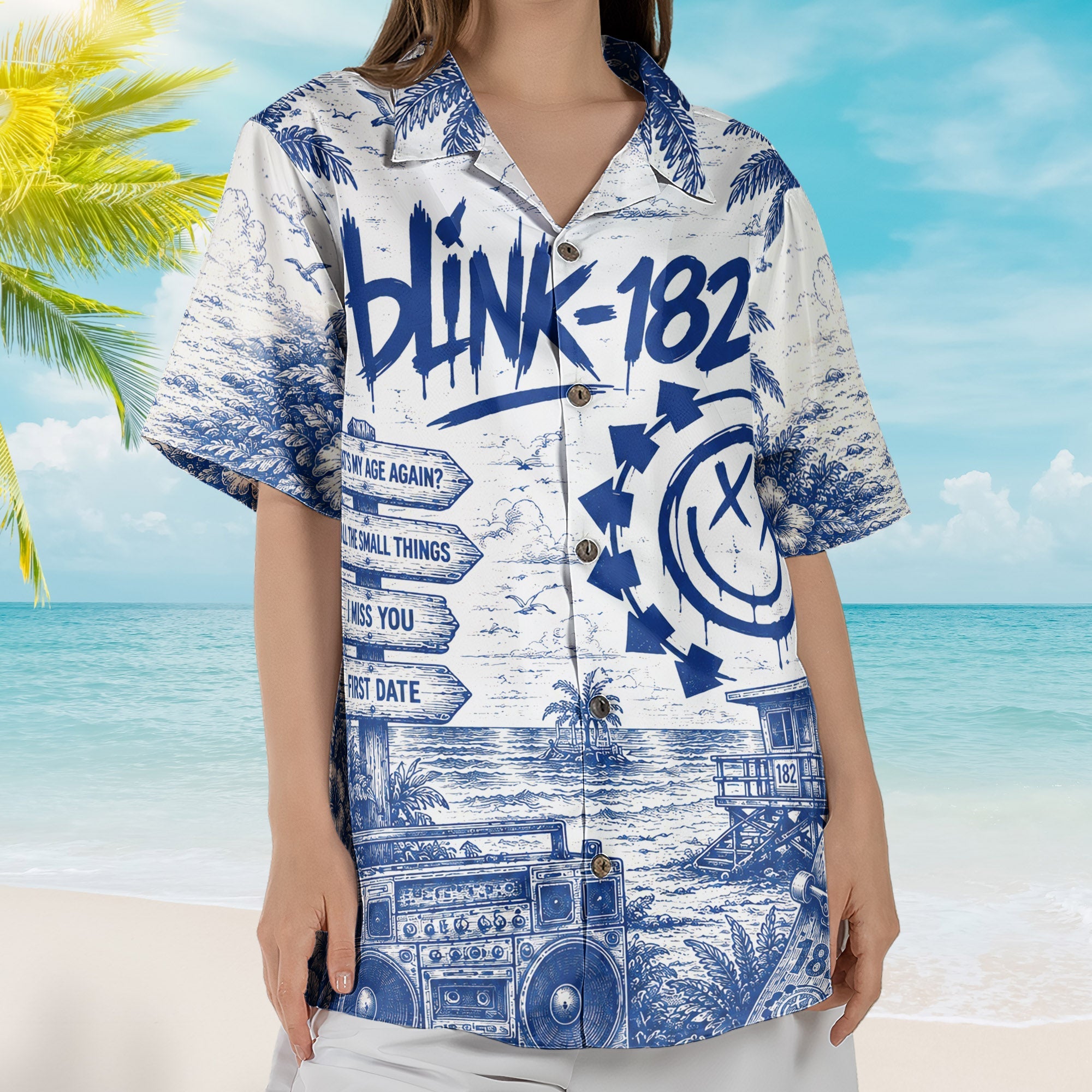 Blink 182 Toile De Jouy Hawaiian Shirt - Unisex Vintage All The Small Things Blue Line Art Summer Button Up
