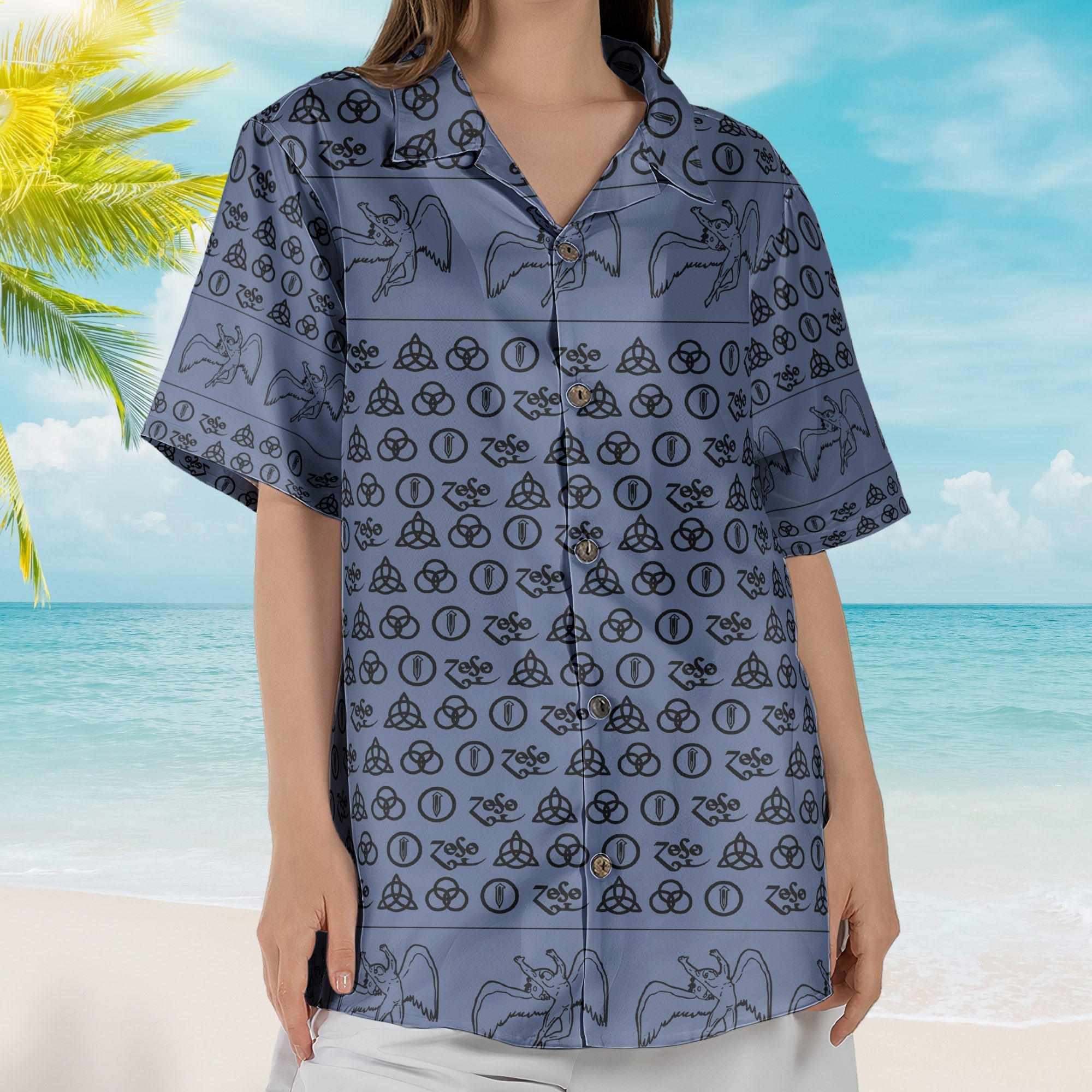 Led Zeppelin ZoSo Monogram Hawaiian Shirt – Unisex Swan Song Angel Graphic Collage Button Up