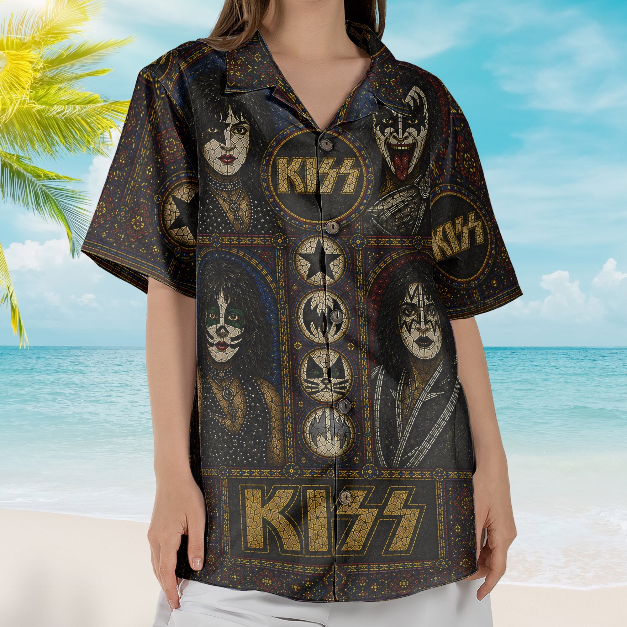Kiss Band Gene Simmons Paul Stanley Face Paint Hawaiian Shirt - Unisex Hard Rock Concert Summer Button Up