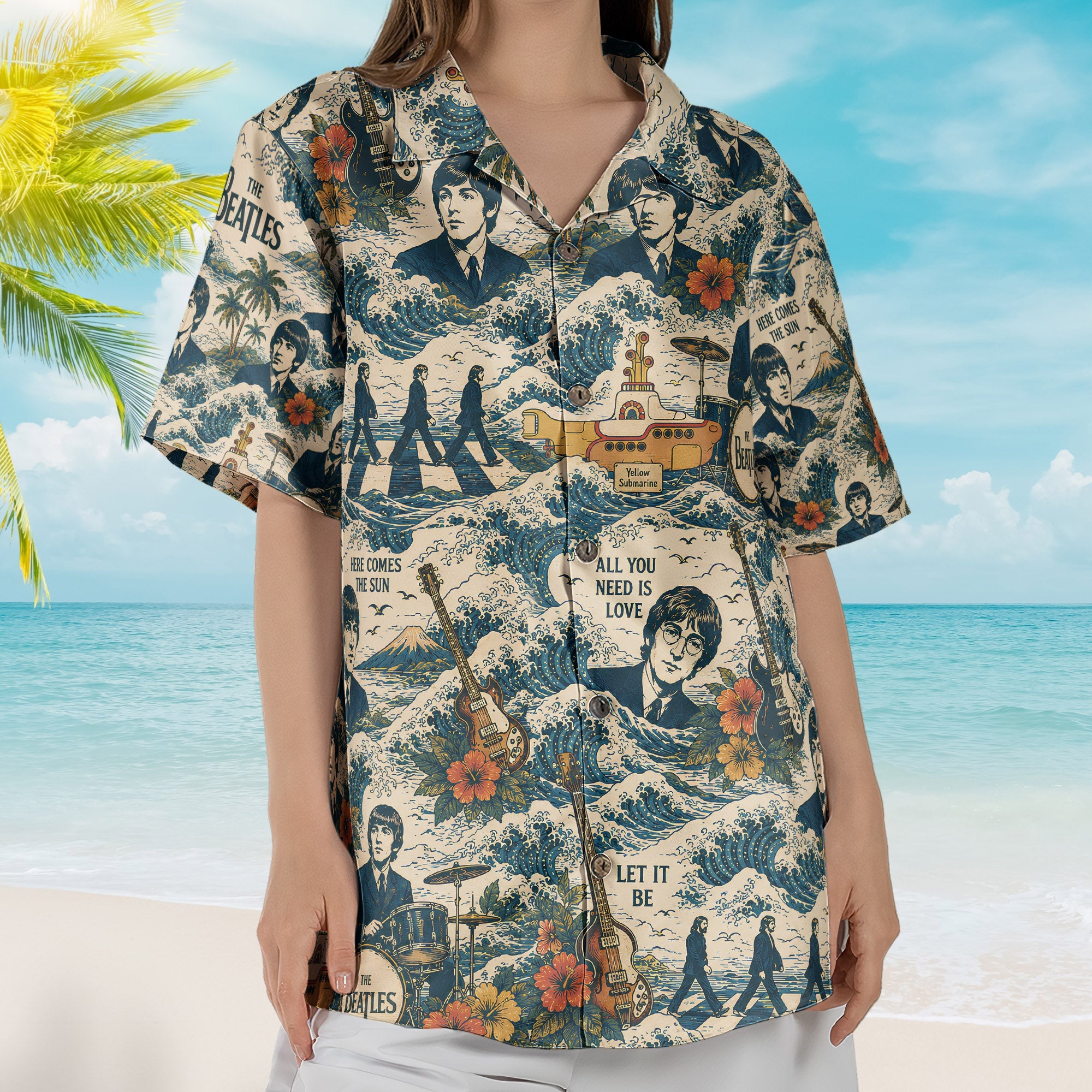The Beatles Yellow Submarine Abbey Road Retro Japanese Wave Hawaiian Shirt – Retro Music Album Art Inspired Unisex Shirt