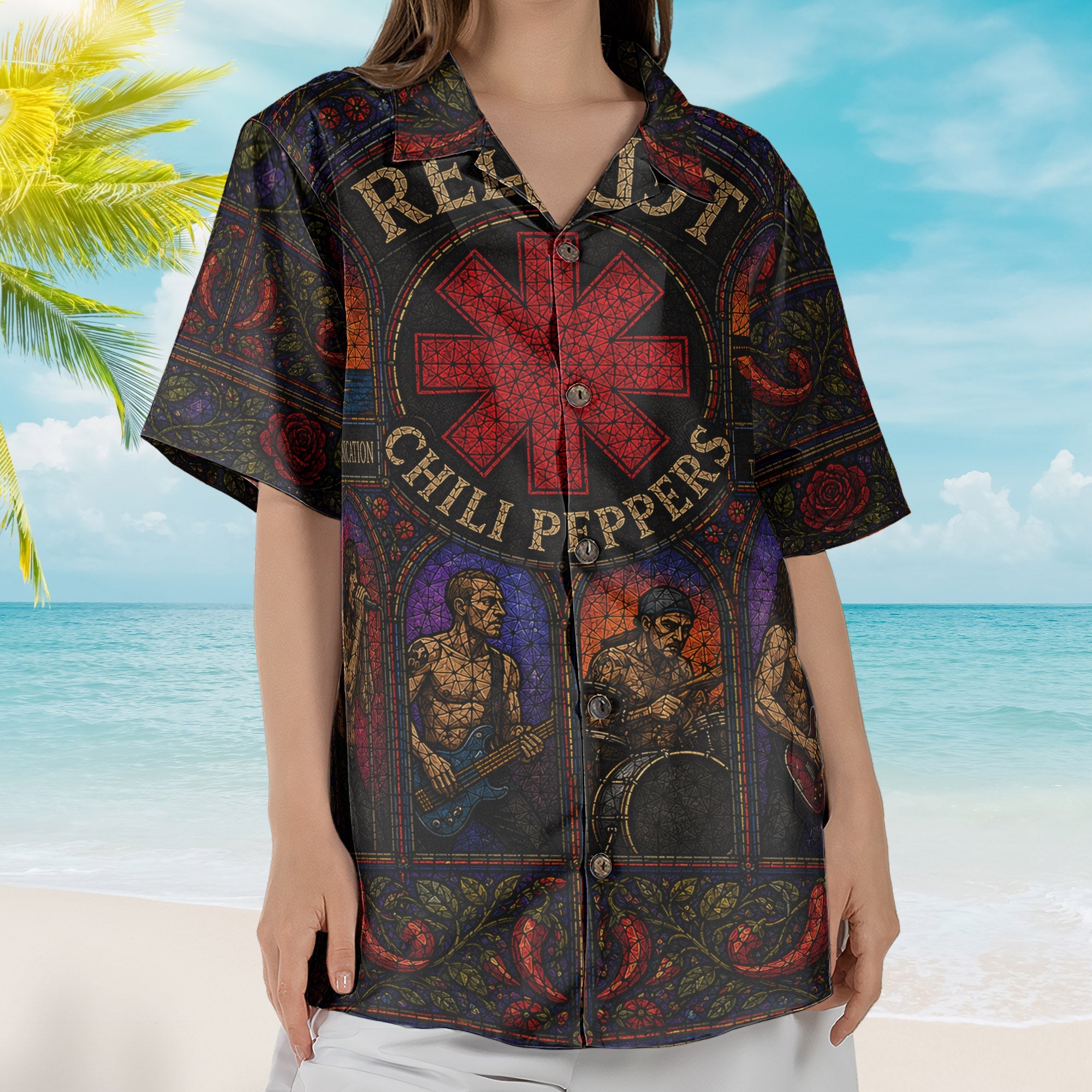 Red Hot Chili Peppers Gothic Stained Glass Hawaiian Shirt - Unisex Retro Californication Star Logo Button Up