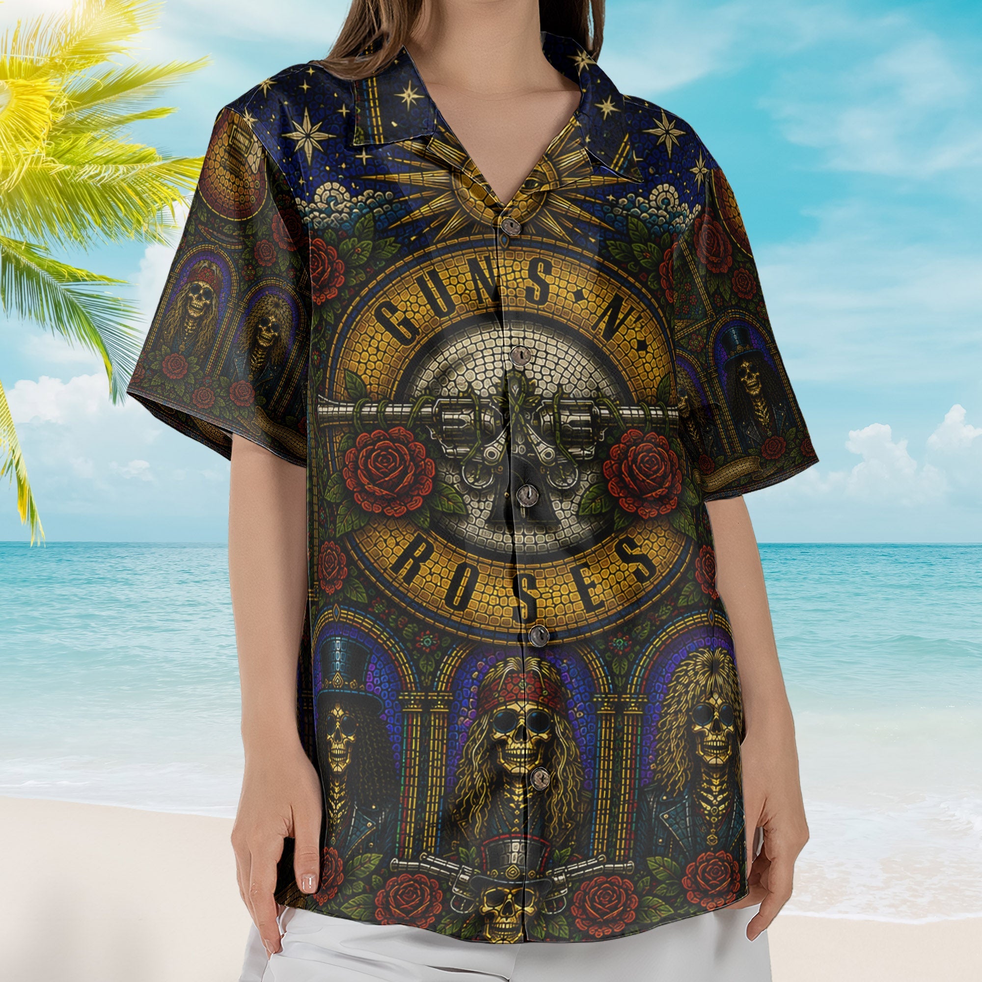 Guns N Roses Hawaiian Shirt - Unisex Slash Skull Axl Rose Summer Button Up
