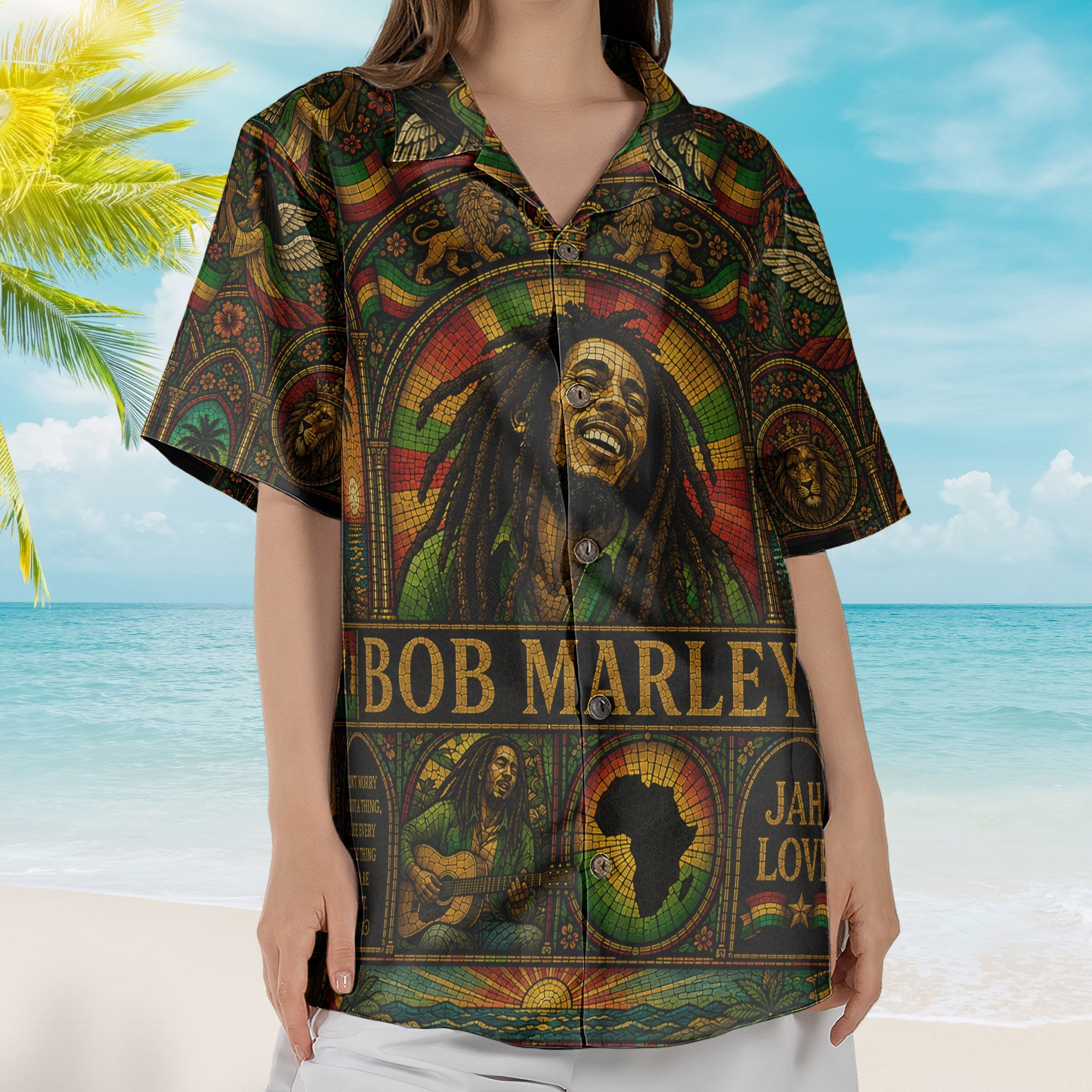 Bob Marley Hawaiian Shirt - Unisex Retro Three Little Birds Lyrics Summer Button Up