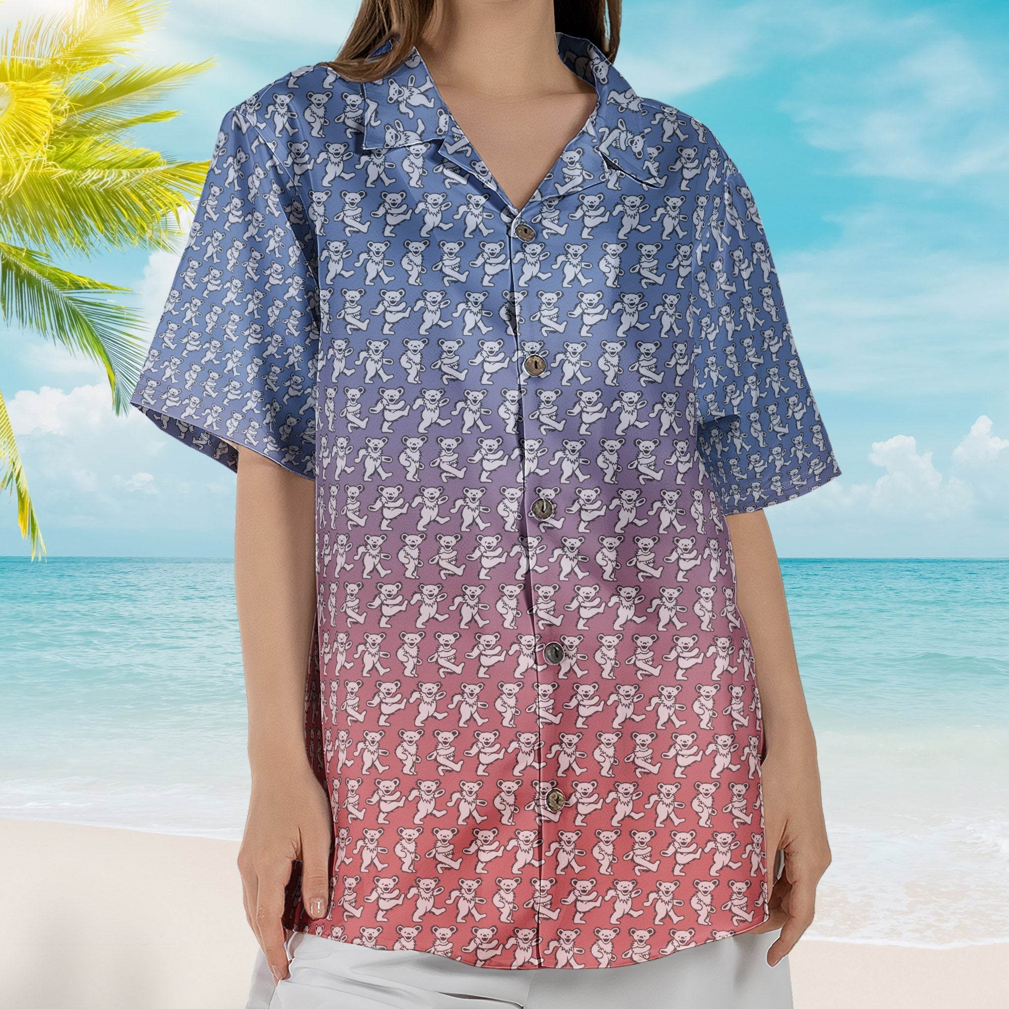 Grateful Dead Dancing Bears Hawaiian Shirt - Blue Purple Gradient Monogram Beach Shirt - Retro Music Album Art Inspired
