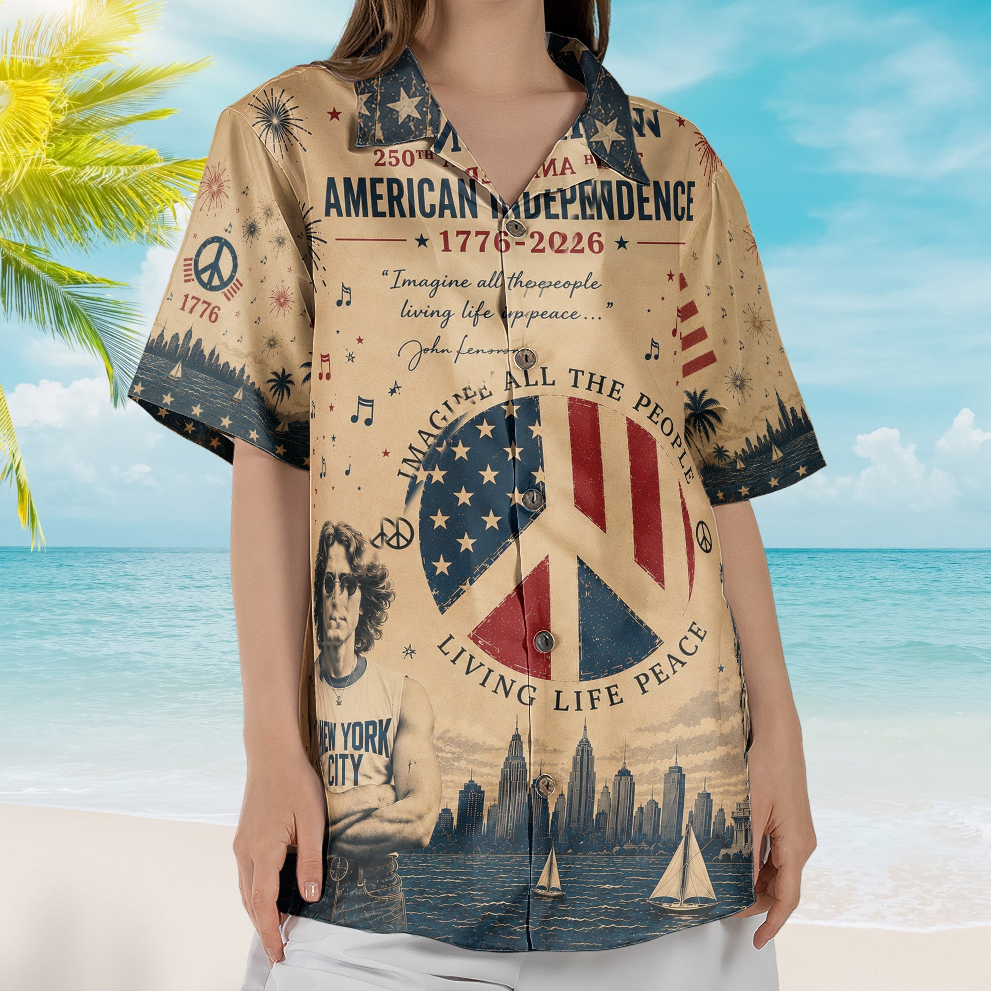 John Lennon Imagine Hawaiian Shirt - Unisex 250th American Independence Peace Sign Shirt