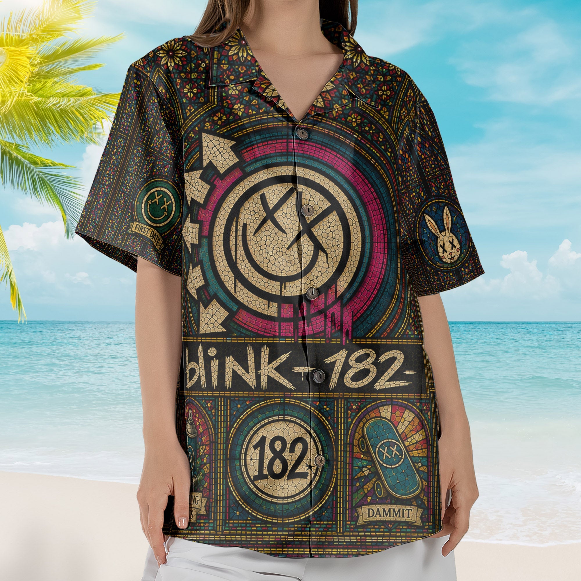Blink-182 Hawaiian Shirt - Unisex Retro Smiley Face Cathedral Window Button Up