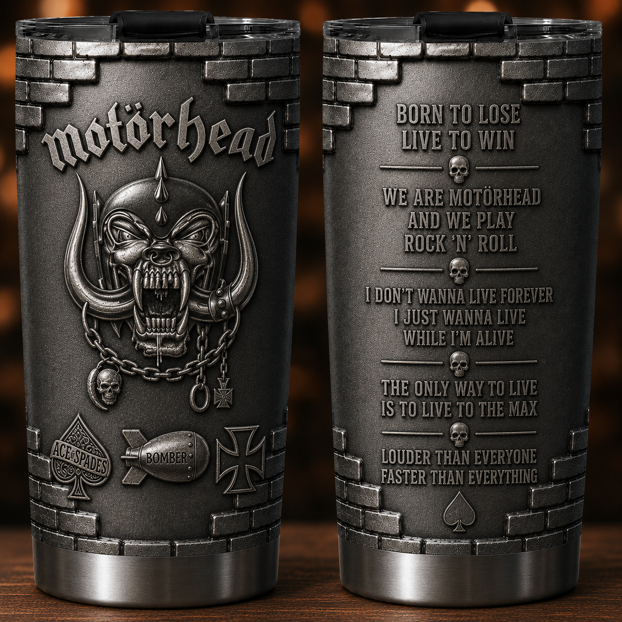 Motorhead 3D Printed Stainless Steel Tumbler Heavy Metal Band Lyrics Travel Mug