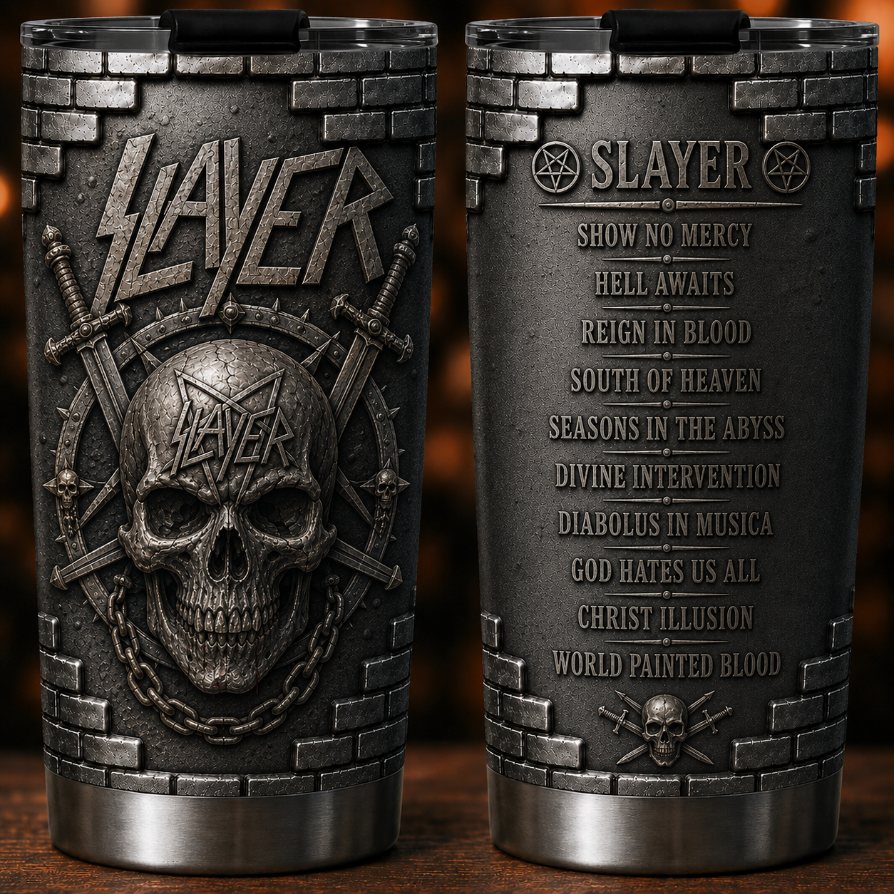 Slayer Reign in Blood Insulated Tumbler 3D Embossed Skull & Swords Travel Cup