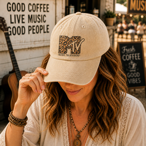 MTV Pink Leopard Logo Cap Vintage Washed Hat, Retro Music Television Aesthetic Streetwear Hat (With Box)
